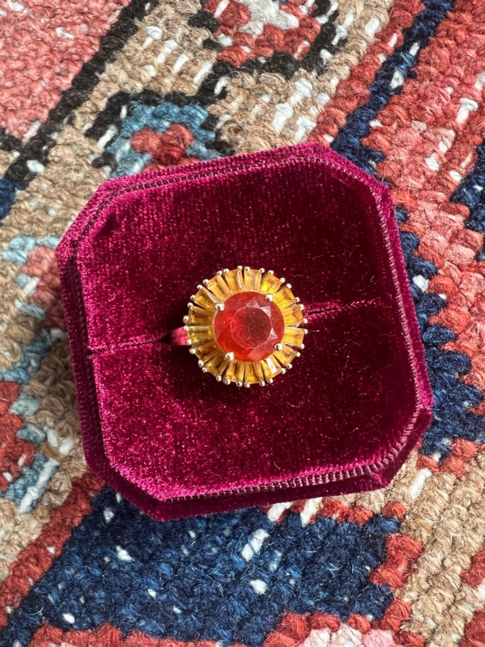 14K Yellow Gold Sunburst Ring with Fire Opal and Citrine Baguettes Size 7